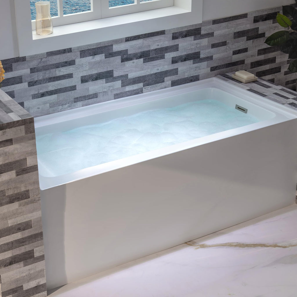 WOODBRIDGE 60" Acrylic Rectangular Alcove Soaking Bathtub in White with Left Drain, Brushed Nickel pop-up Drain Included, LB428-L
