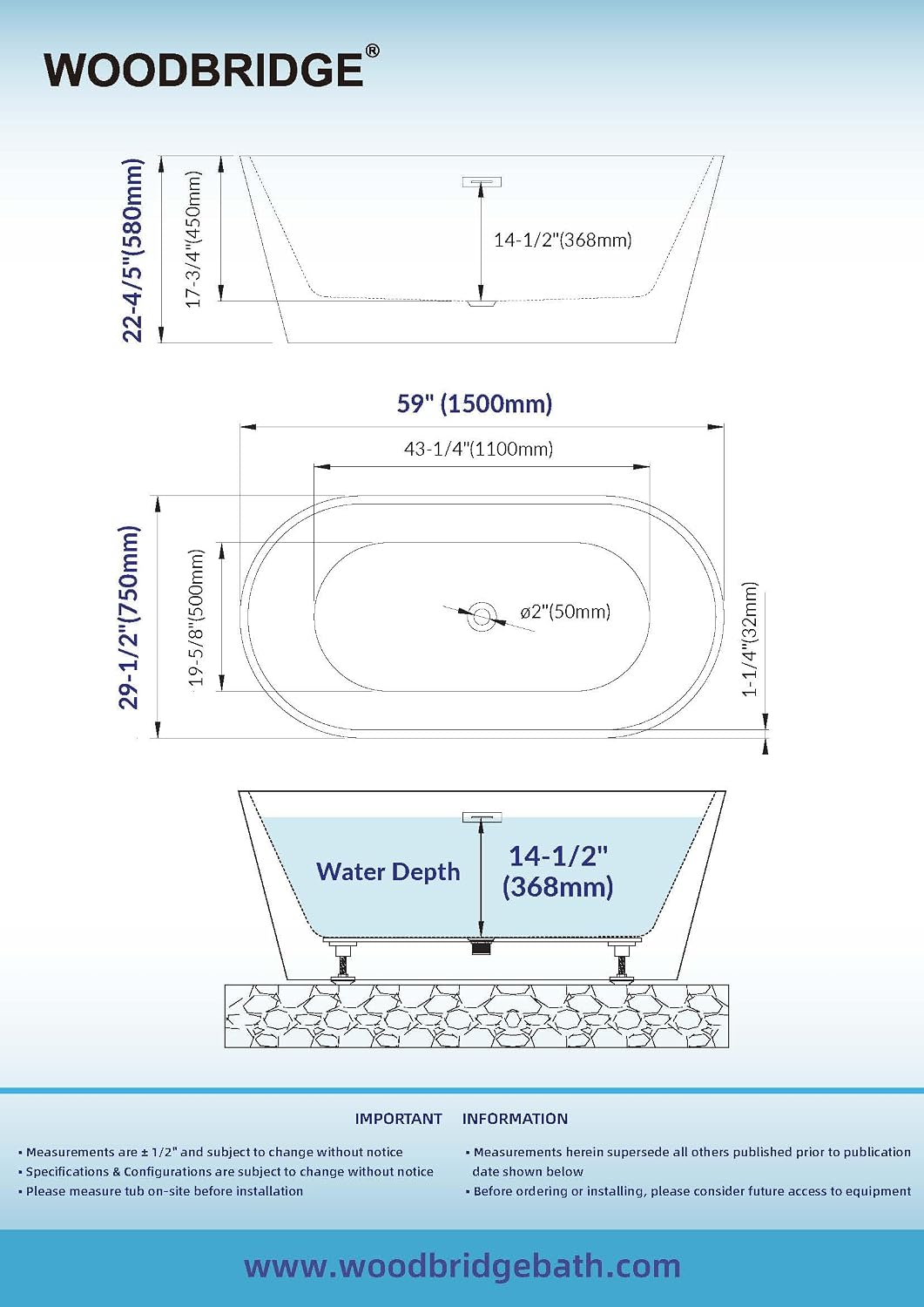 WOODBRIDGE 59" L x 29-1/2" W Freestanding Contemporary Soaking Bathtub with Chrome Drain & Overflow, White, B2514 C