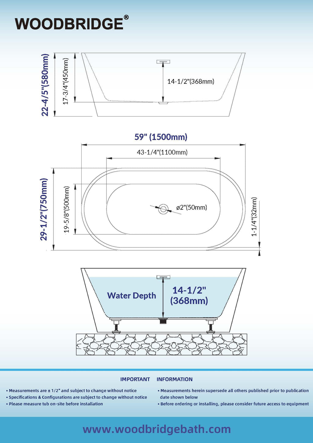 WOODBRIDGE 59" L x 29-1/2" W Freestanding Contemporary Soaking Bathtub with Chrome Drain & Overflow, White, B2514 C