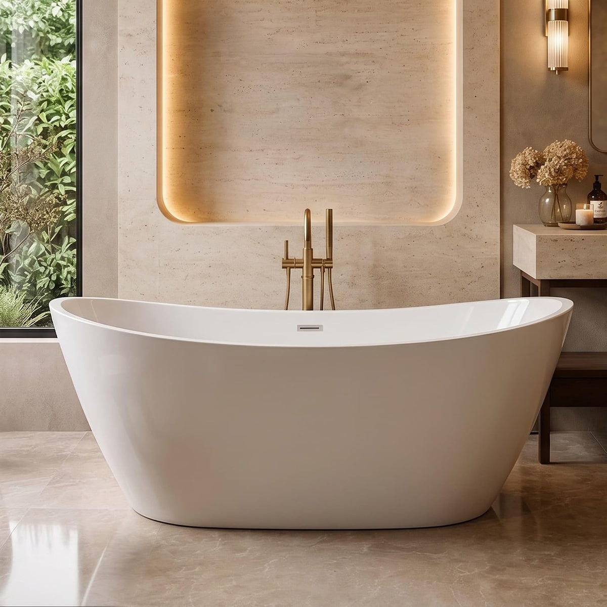Empava 59 Inch Freestanding Bathtub, Acrylic Deep Soaking Tub, White