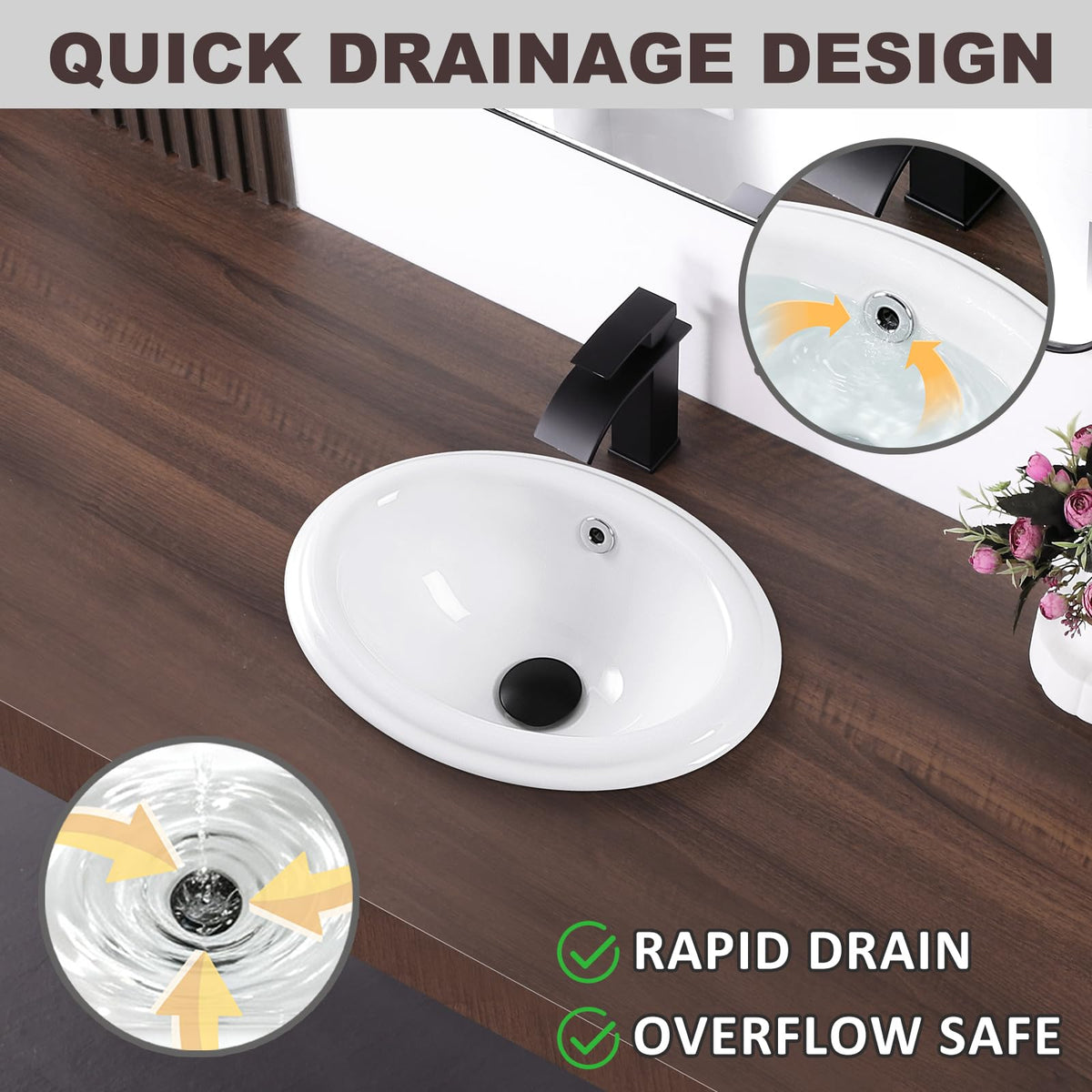 19 Inch Drop In Bathroom Vessel Sink with Overflow Rectangle White