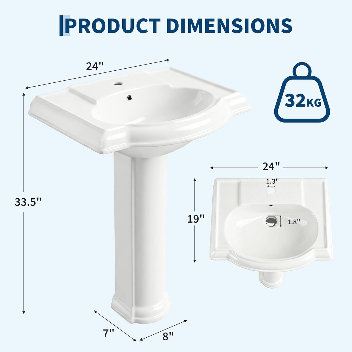 Garvee White Ceramic Pedestal Bathroom Sink, Single Hole Freestanding Basin