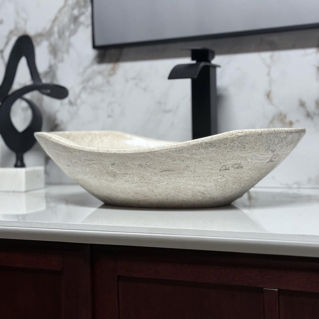 Oval Travertine Vessel Sink â Natural Stone Wash Basin, Hand-Carved Bathroom Sink with Chiseled Exterior & Polished Interior, Above Counter Vanity Basin (Includes Matching Soap Tray)