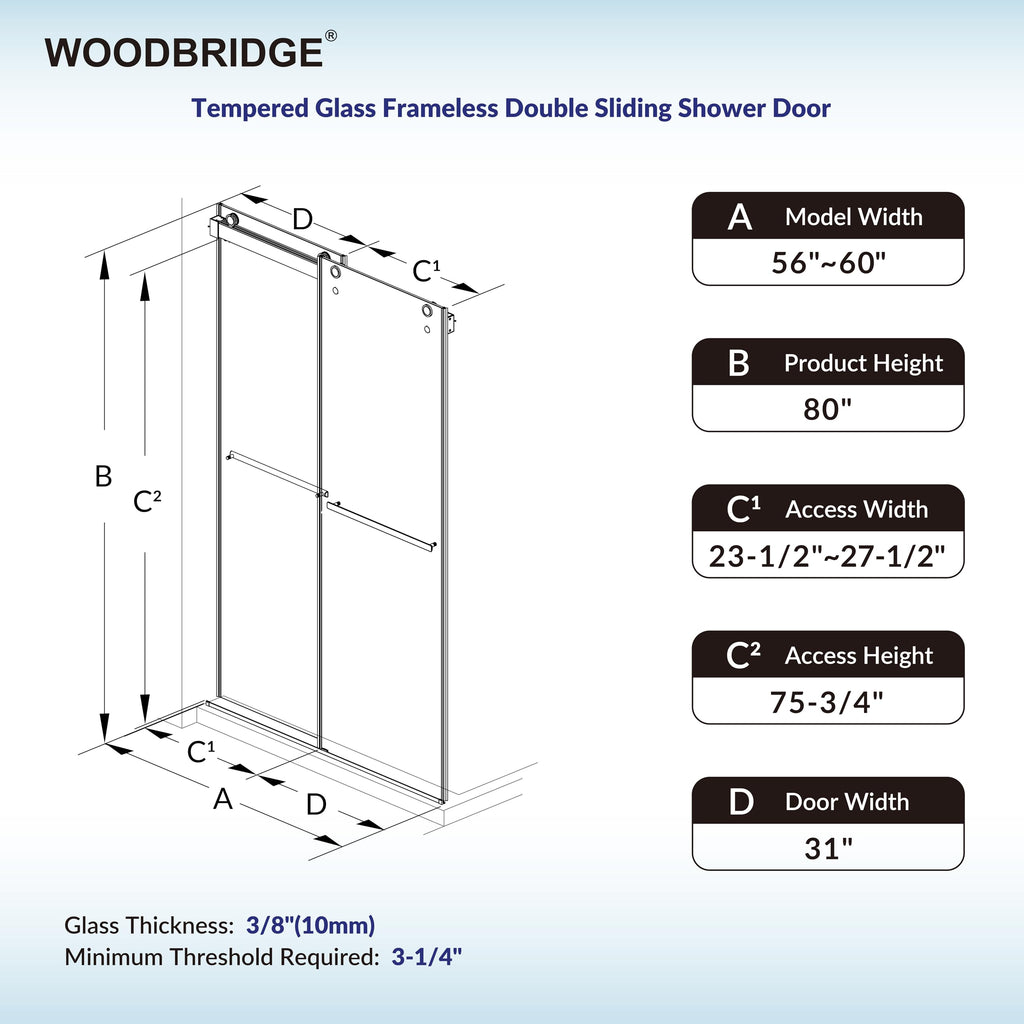 Woodbridge 56-60" W x 62" H Frameless Bathtub Shower Door,Double Sliding Soft-Close Doors,3/8(10mm) Tempered Glass with Explosion Proof Film in Brushed Bronze Finish