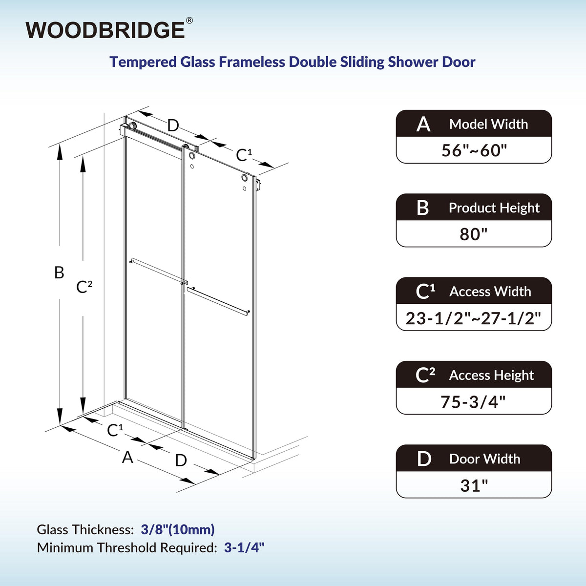 Woodbridge 56-60" W x 62" H Frameless Bathtub Shower Door,Double Sliding Soft-Close Doors,3/8(10mm) Tempered Glass with Explosion Proof Film in Brushed Bronze Finish