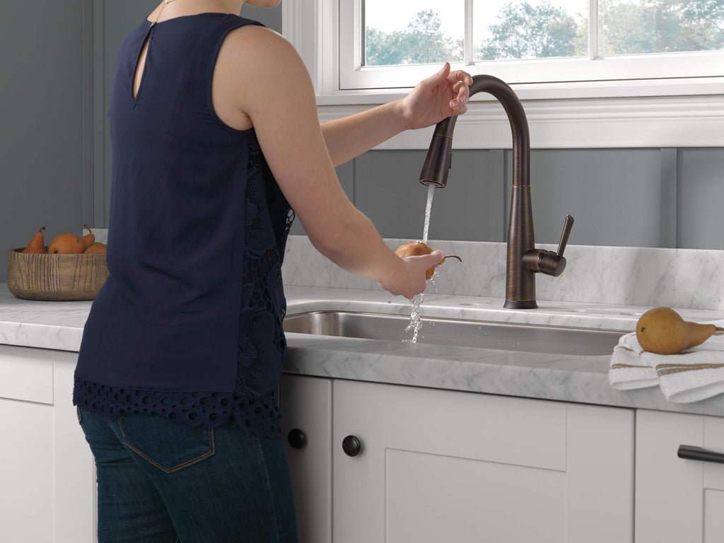 Delta Essa Brushed Nickel Kitchen Faucet with Pull Down Sprayer, Modern Single Hole Kitchen Sink Faucet, Single Handle, Arctic Stainless 9113-AR-DST
