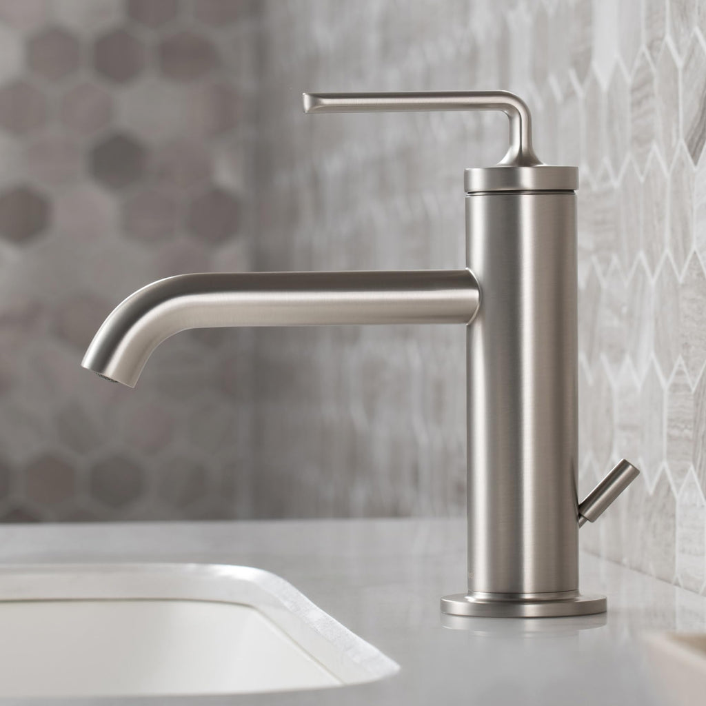 KRAUS Ramus Single Handle Vessel Sink Bathroom Faucet with Pop-Up Drain in Brushed Gold, KVF-1220BG