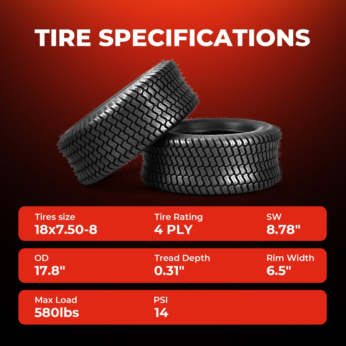 20x8.00-10 Lawn Mower Tires, 4 Ply Tubeless, Set of 2