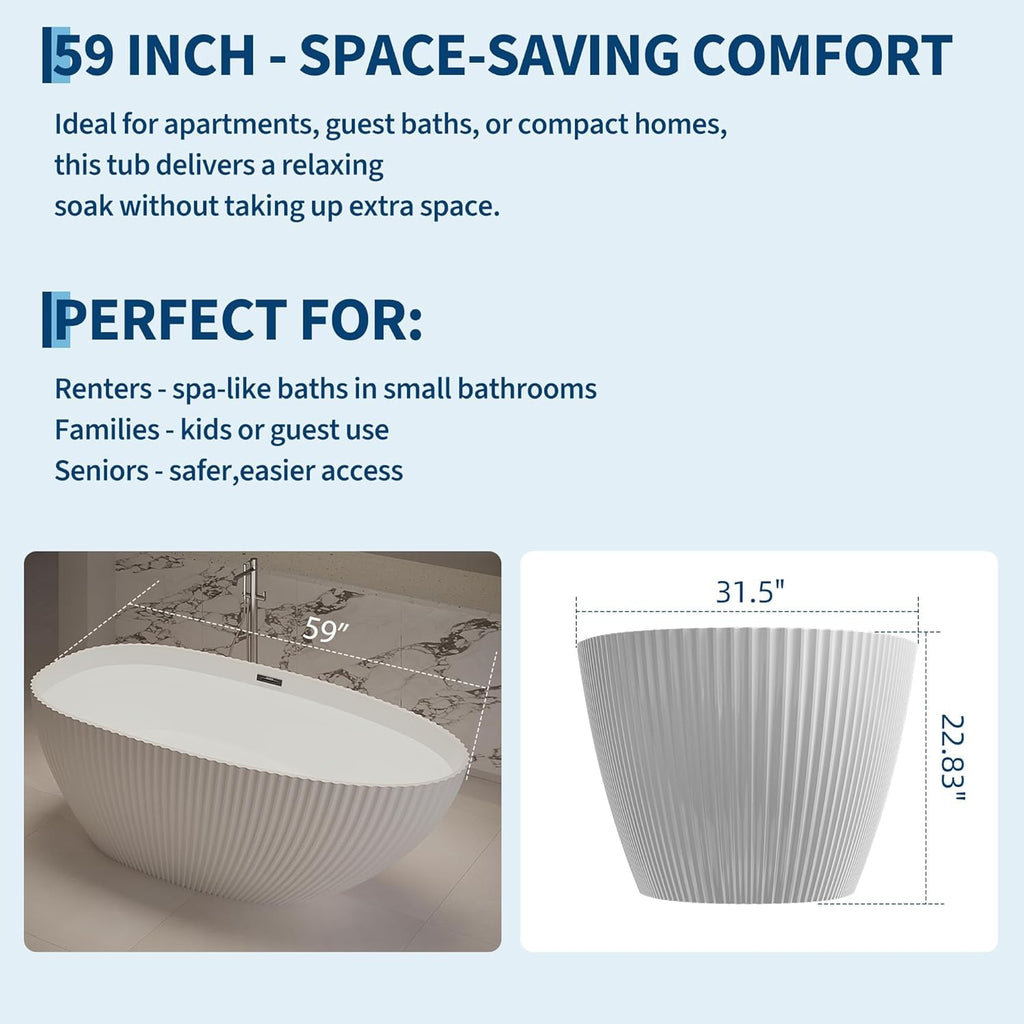 59" Acrylic Freestanding Bathtub, Contemporary Stand Alone Soaking Tub with Ergonomic Design, Integrated Overflow and Chrome Drain, cUPC Certified Free Standing Tub for Bathroom Renovation, Home Spa