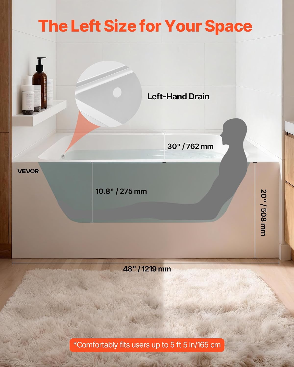 VEVOR Alcove Bathtub, 48" x 30" Contemporary Alcove Acrylic Bathtub, Soaking Bath Tub with Left Hand Drain and Overflow Hole, Large Rectangular Deep Soak Tub for Bathroom with Integral Flange, White