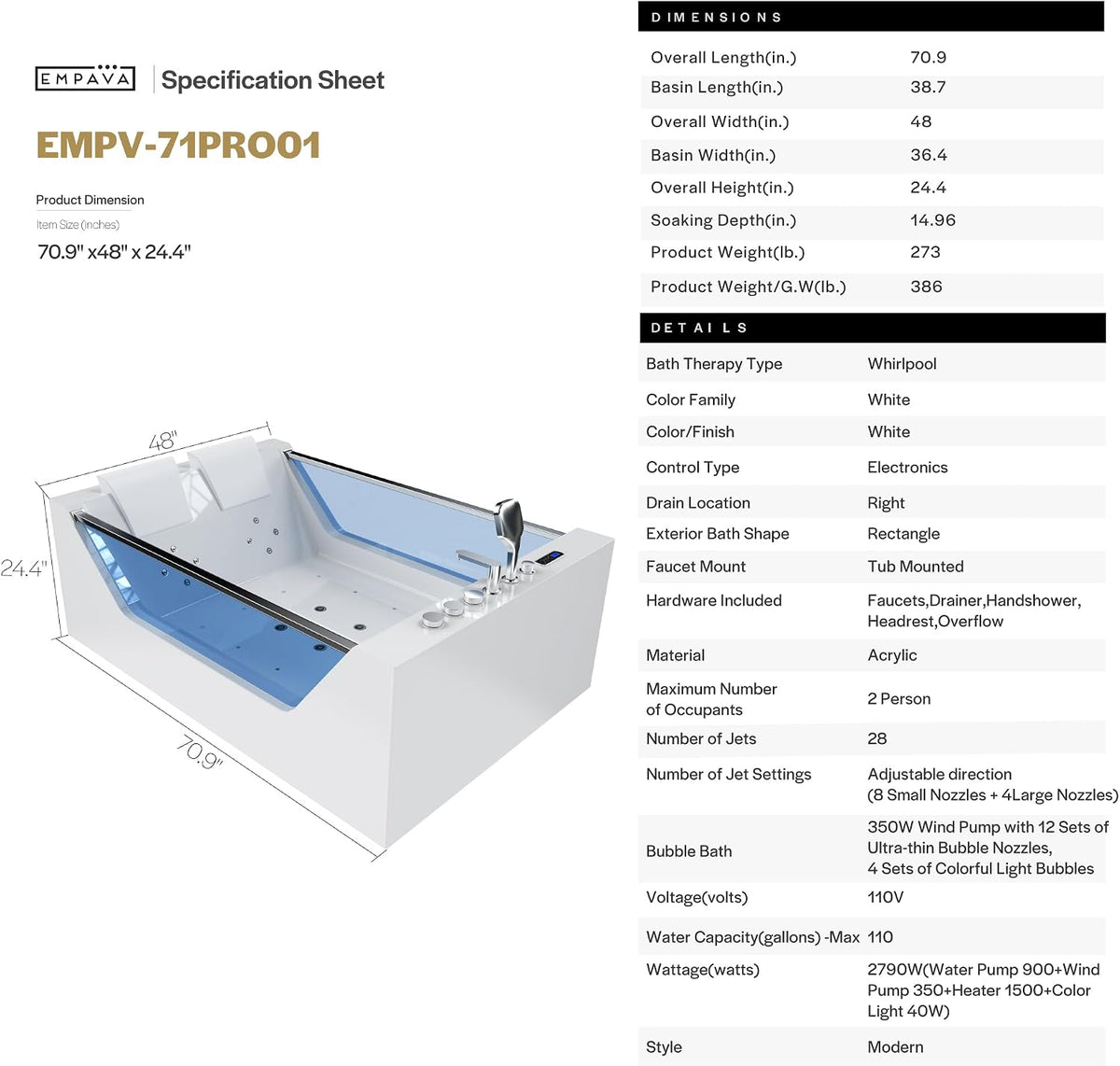 Empava Tub, 71" PRO Series 2 person Whirlpool Bathtub with Pipe Flushing