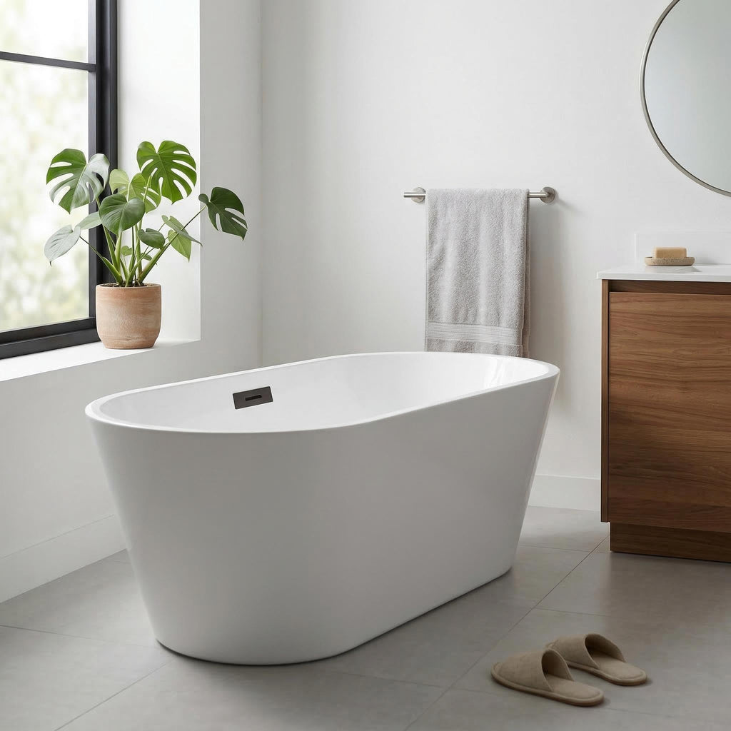 59" Acrylic Freestanding Bathtub, Modern Soaking Tub with Matte Drain and Overflow, Ergonomic Deep Design, Double-Walled Insulation, CUPC Certified, Easy Clean, Slip-Resistant, Gloss White