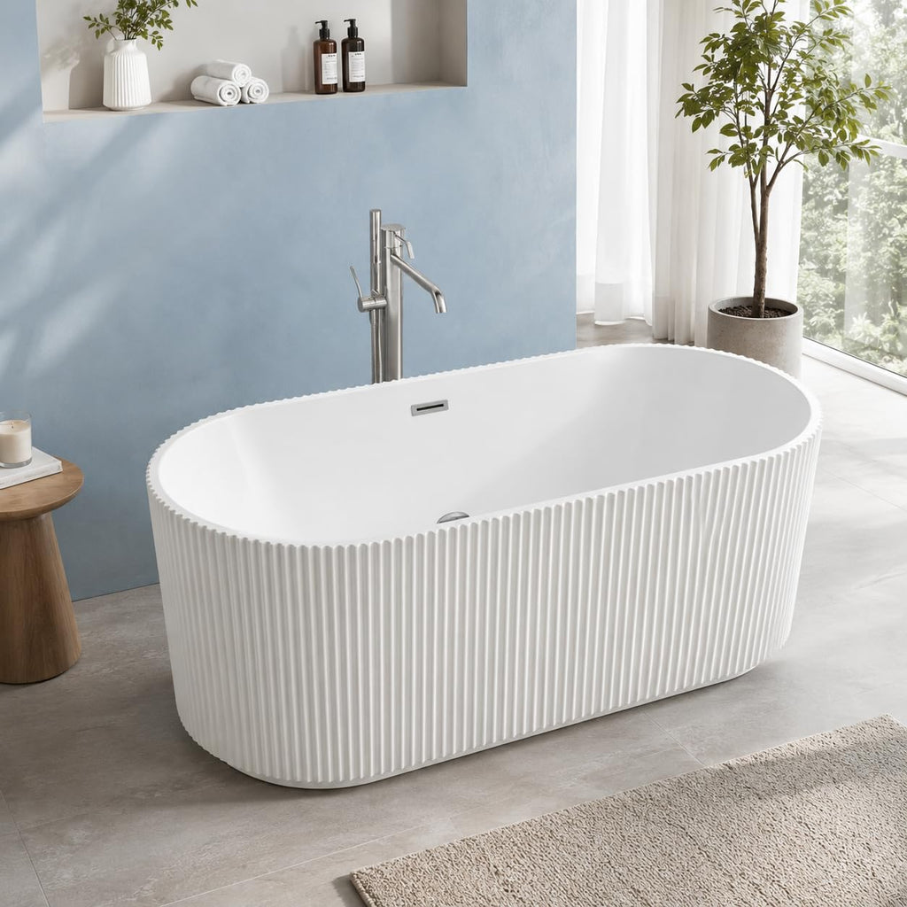 59" Acrylic Freestanding Soaking Bathtub, Deep Ergonomic Design with Lumbar Support, Integrated Overflow Drain, Non-Slip Base,cUPC Certified Modern Bathroom Tub, Easy Installation for Bathroom
