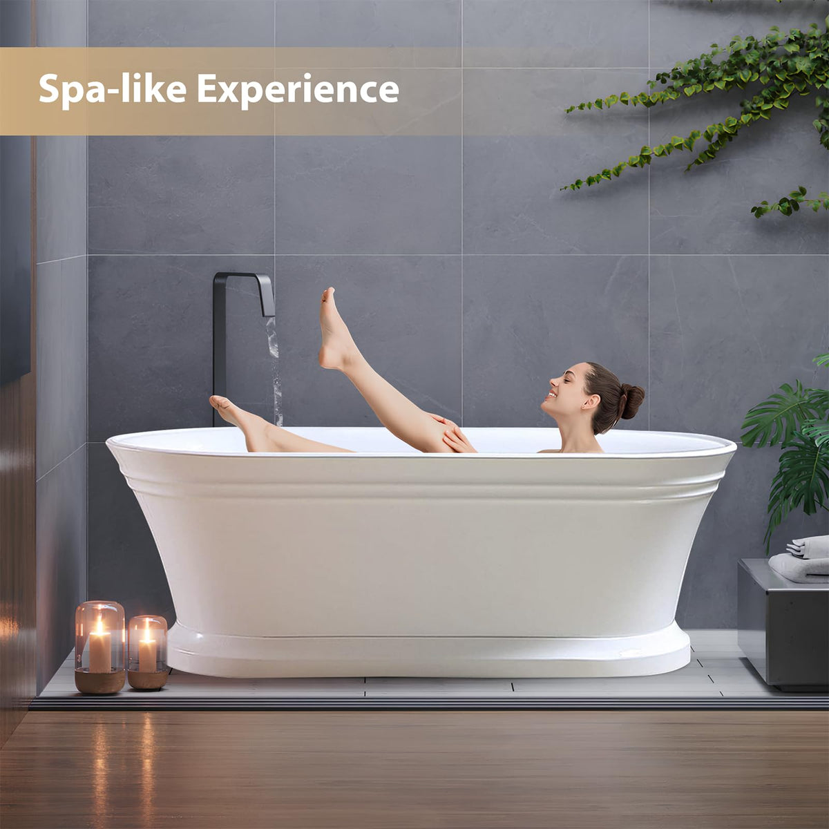 Vanity Art 59 x 30 Inches Freestanding Bathtub Acrylic Modern Stand Alone Soaking Tub with UPC Certified Slotted Overflow and Pop-up Center Drain, White VA6610-S