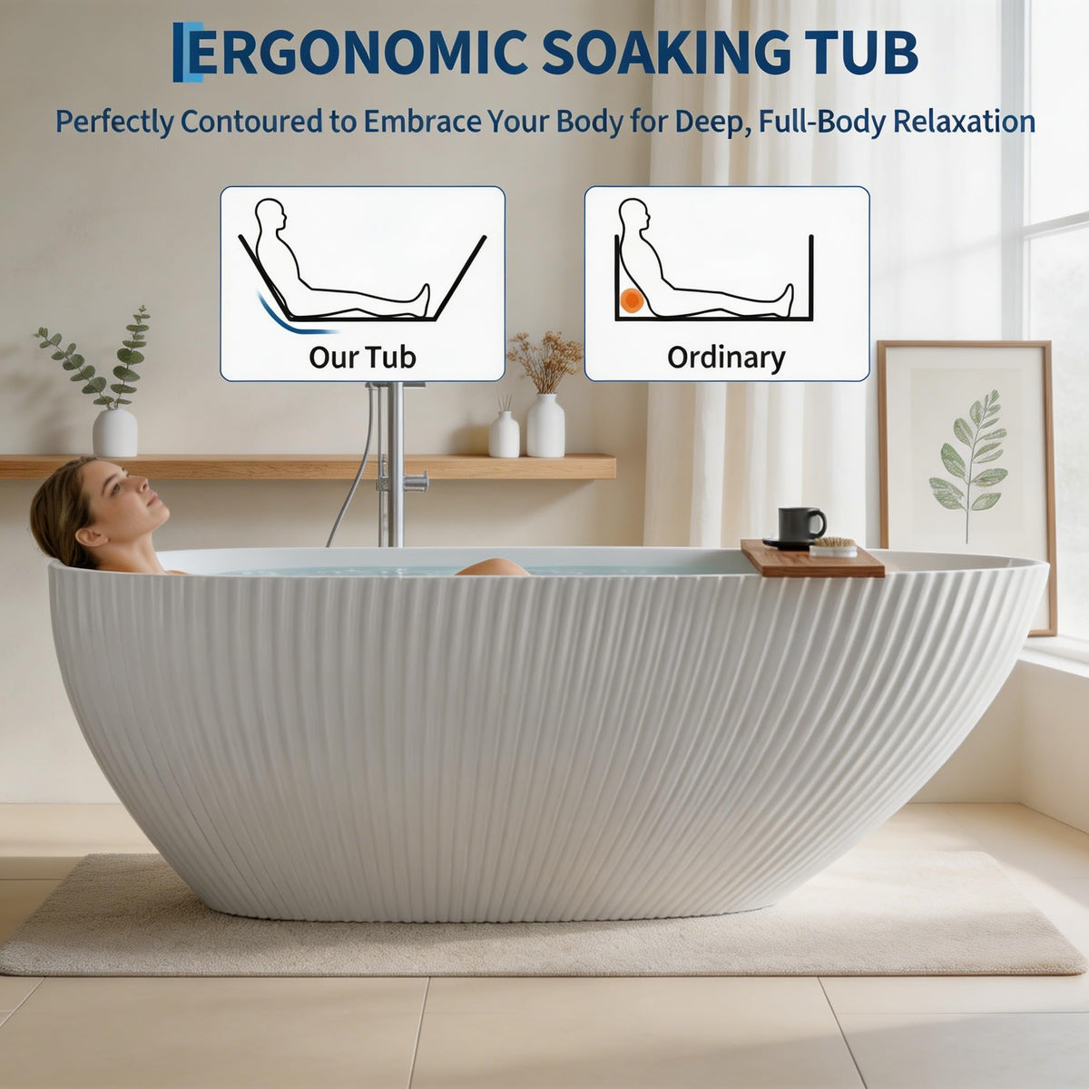 59" Acrylic Freestanding Bathtub, Contemporary Stand Alone Soaking Tub with Ergonomic Design, Integrated Overflow and Chrome Drain, cUPC Certified Free Standing Tub for Bathroom Renovation, Home Spa