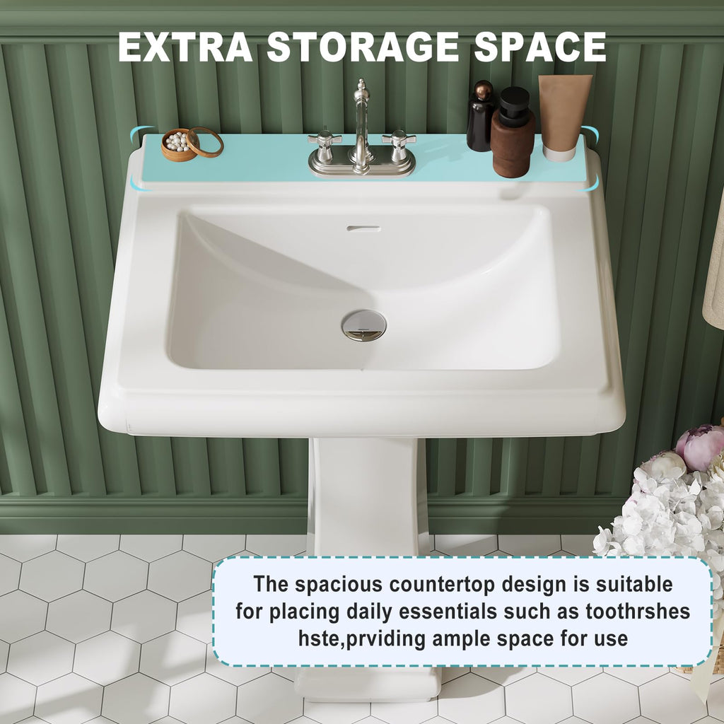 26" W X 20" D Bathroom Pedestal Sink, Rectangular White Ceramic Vanity Sink with Overflow and 3 Pre-Drilled Holes - Fits 8-Inch Faucets,Freestanding Restroom Sink Combo for Small Spaces
