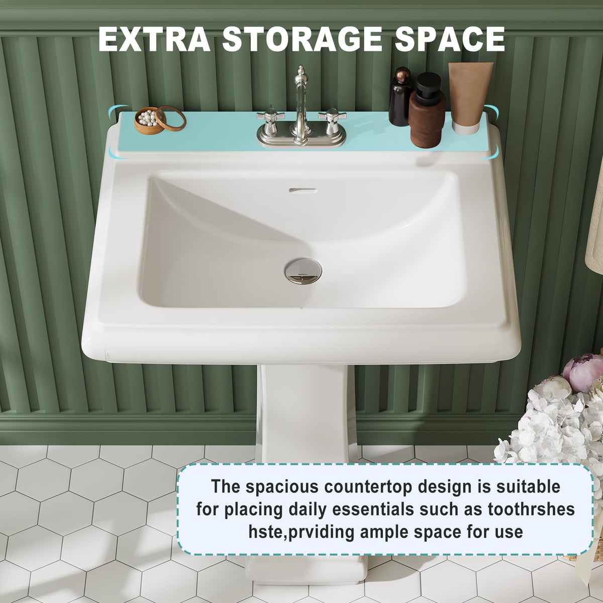 26" W X 20" D Bathroom Pedestal Sink, Rectangular White Ceramic Vanity Sink with Overflow and 3 Pre-Drilled Holes - Fits 8-Inch Faucets,Freestanding Restroom Sink Combo for Small Spaces