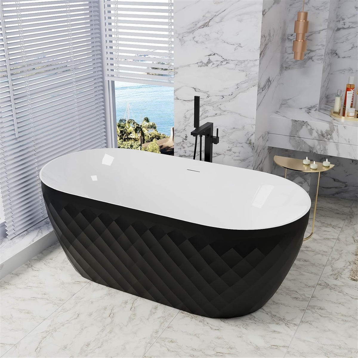 59" Acrylic Freestanding Bathtub,Double Ended,Lozenge Texture,Black