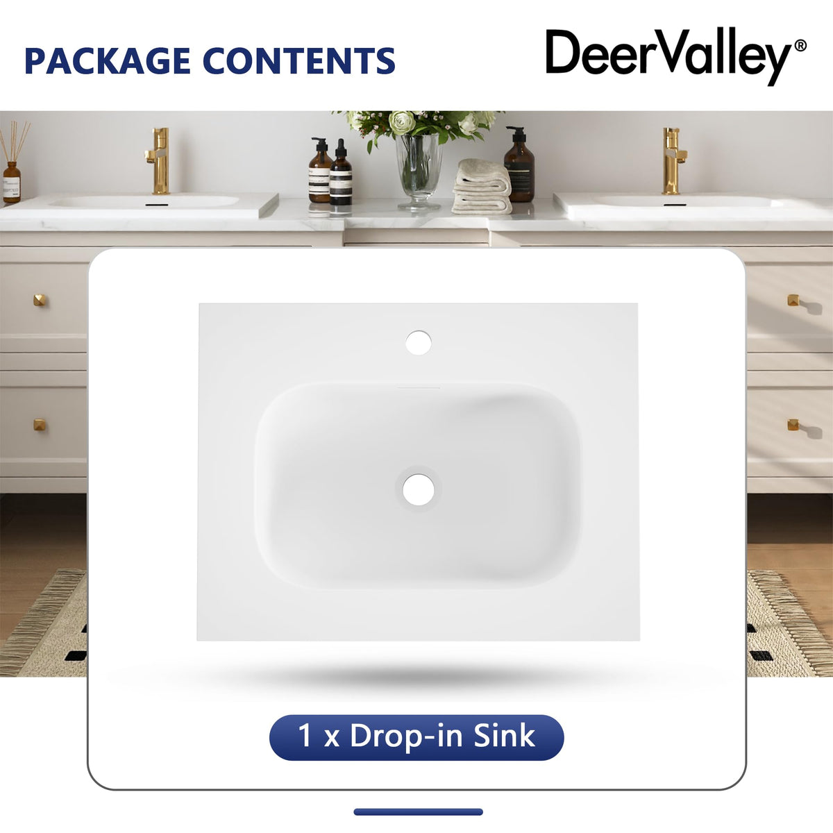 DeerValley Drop In Bathroom Sink White 21"x18" Rectangle Sleek 3-Hole Basin