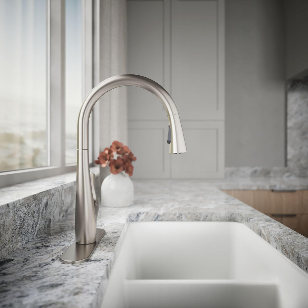 KOHLER R43210-VS Bevinâ¢ Kitchen Sink Faucet with Pull Down Sprayer, Two-Function Sprayhead Kitchen Faucets, 1.5 GPM, Vibrant Stainless