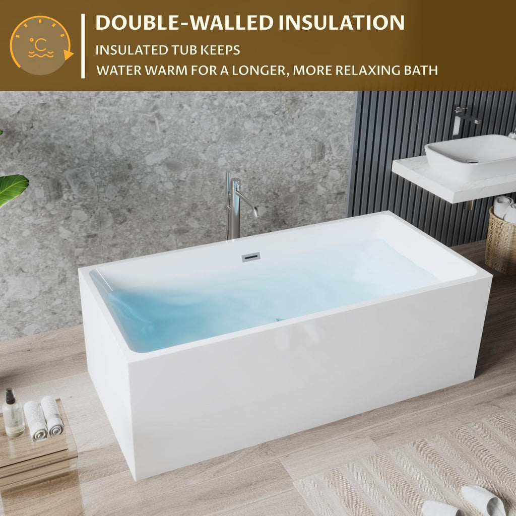 49" Acrylic Freestanding Bathtub - Japanese Square Soaking Tub with Built-in Seat & Toe-Tap Drain, Glossy White Finish, CUPC Certified