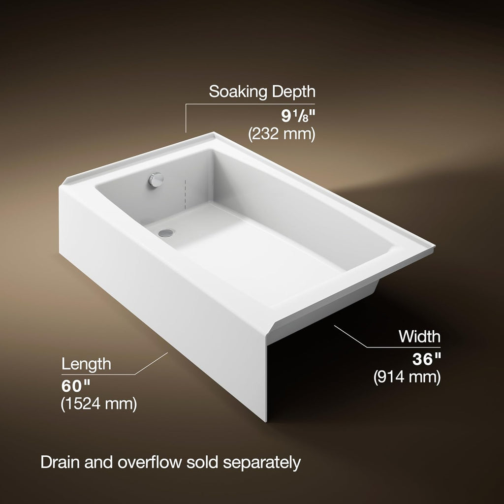 Kohler K-26107-LA-0 Entity 60" x 36" Alcove Bath, Left Drain, White