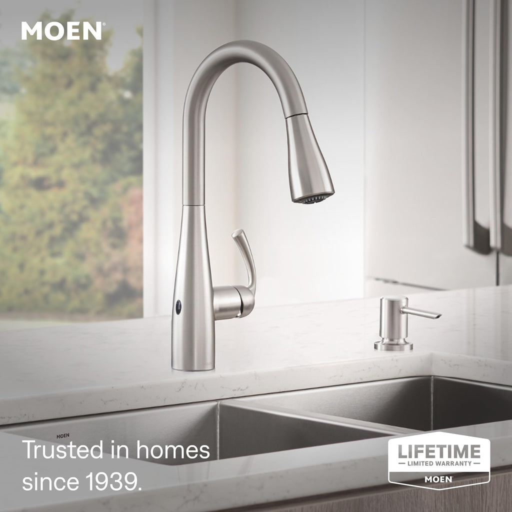 Moen Essie Spot Resist Stainless Pulldown Sprayer Kitchen Sink Faucet Set with Modern Pump Soap Dispenser, 87014SRS