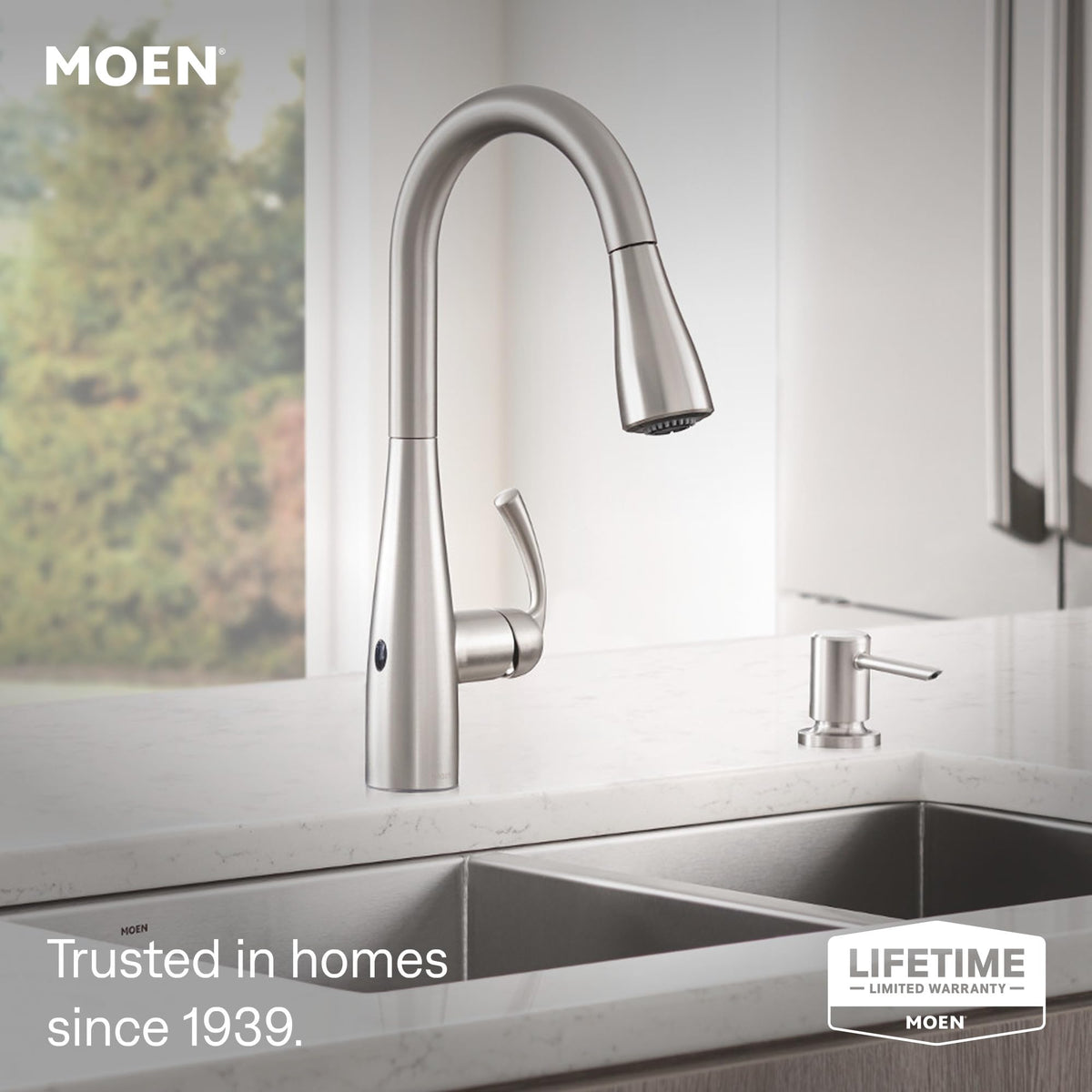Moen Essie Spot Resist Stainless Pulldown Sprayer Kitchen Sink Faucet Set with Modern Pump Soap Dispenser, 87014SRS