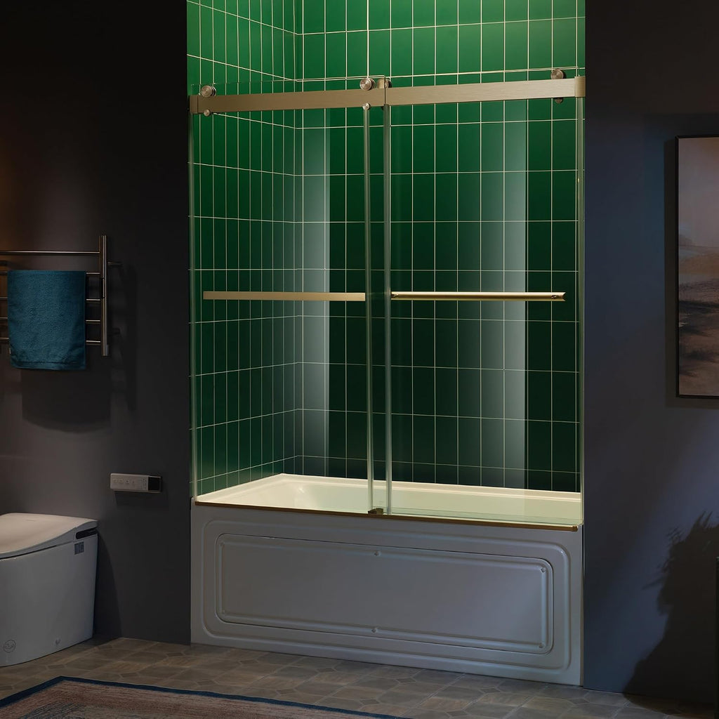 Woodbridge 56-60" W x 62" H Frameless Bathtub Shower Door,Double Sliding Soft-Close Doors,3/8(10mm) Tempered Glass with Explosion Proof Film in Brushed Bronze Finish