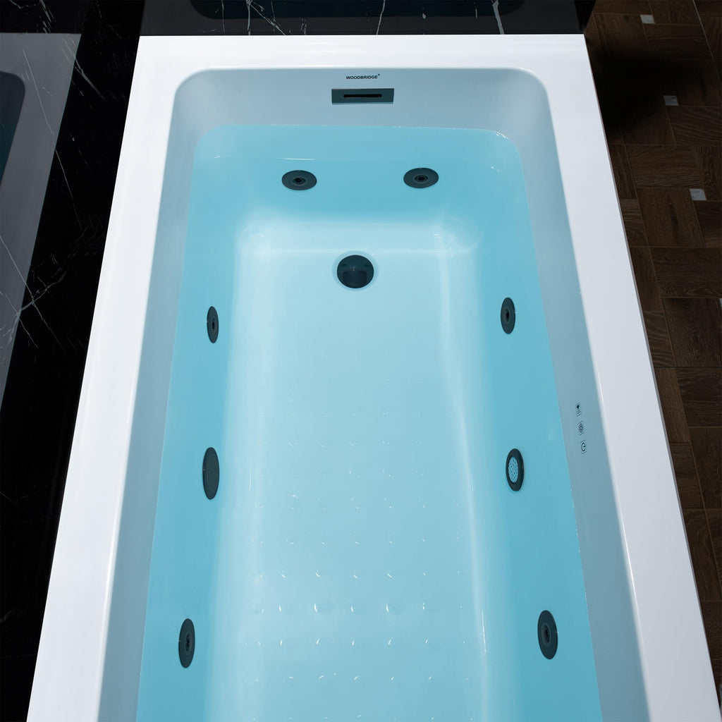 WOODBRIDGE 60" x 32" Alcove Acrylic Rectangular Whirlpool Heated Jetted Tub in White with Left Drain, Matte Black Finish, BS429-L-MB02