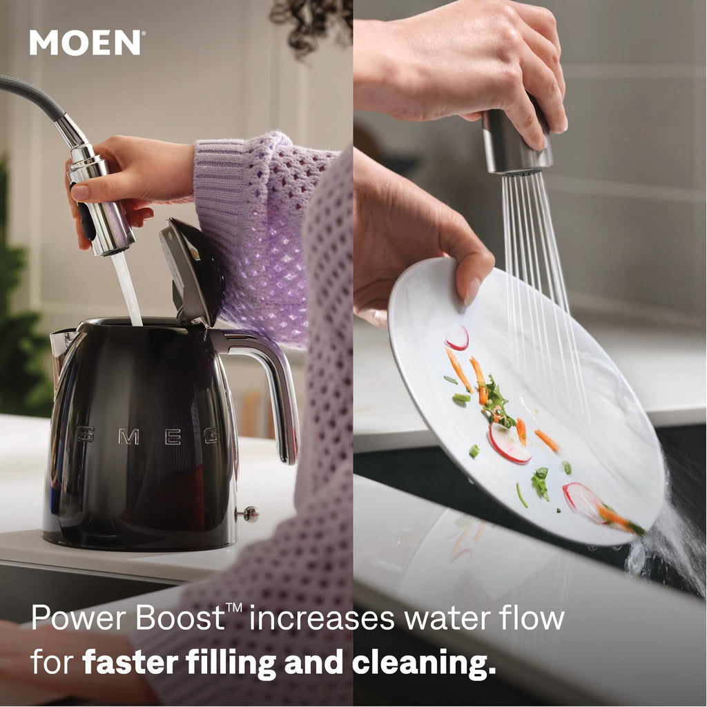 Moen Align Spot Resist Stainless Pulldown Kitchen Faucet, Single Hole, Modern Spring Style with Pre-Rinse and Power Boost Pull Down Sprayer, Easy Installation, 5923SRS