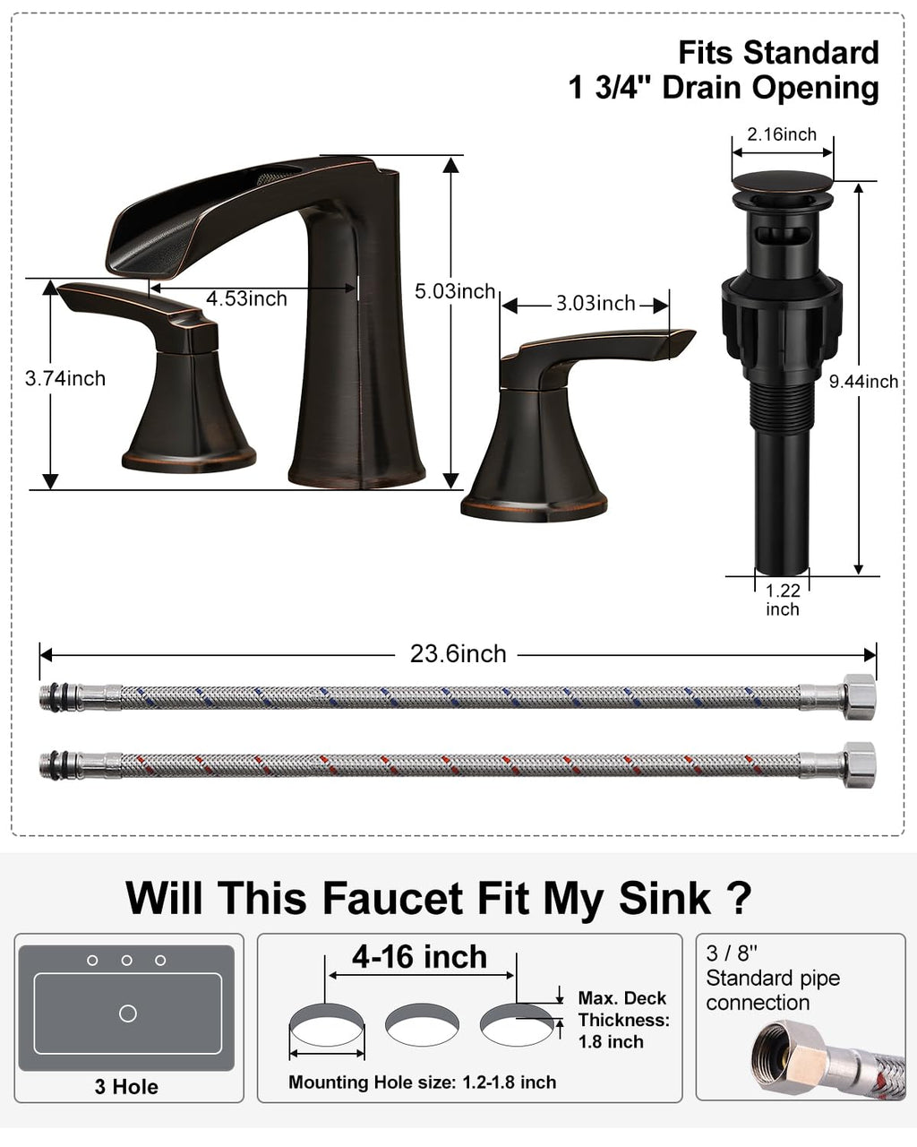 Fapully Brushed Nickel Bathroom Faucet 3 Hole, Waterfall 8 Inch Widespread Bathroom Sink Faucet with Pop-up Drain, Two-Handle Faucet for Bathroom Sink