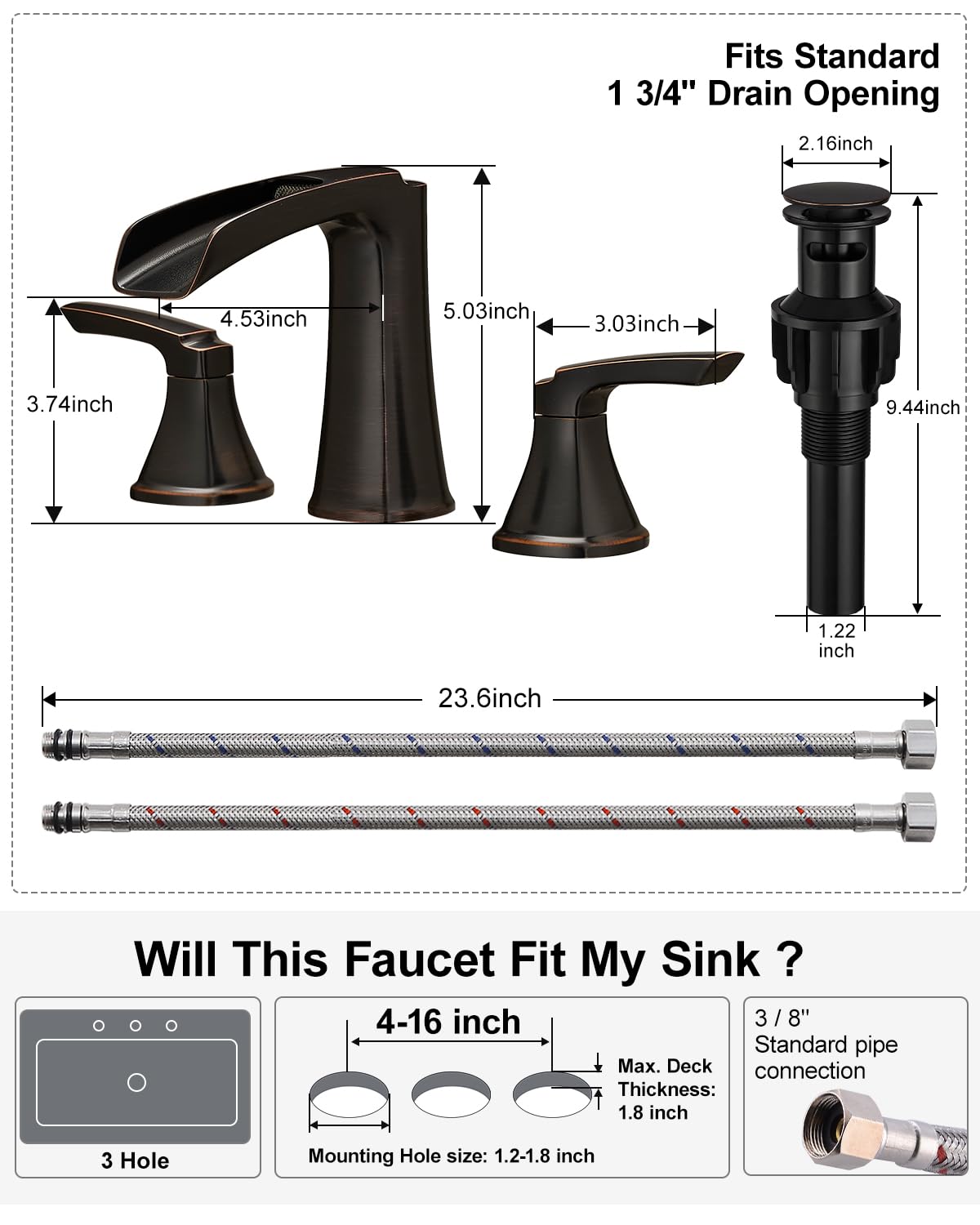 Fapully Brushed Nickel Bathroom Faucet 3 Hole, Waterfall 8 Inch Widespread Bathroom Sink Faucet with Pop-up Drain, Two-Handle Faucet for Bathroom Sink