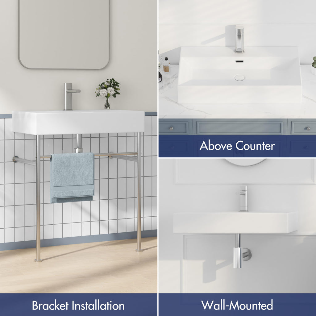 Eridanus 24"x16" Console Bathroom Sink, Free Standing 30 Inch Stainless Steel Support Pedestal Legs, Wall Mount White Vessel Ceramic Vanity Basin, Modern Rectangular Sinks Porcelain, Matte Black