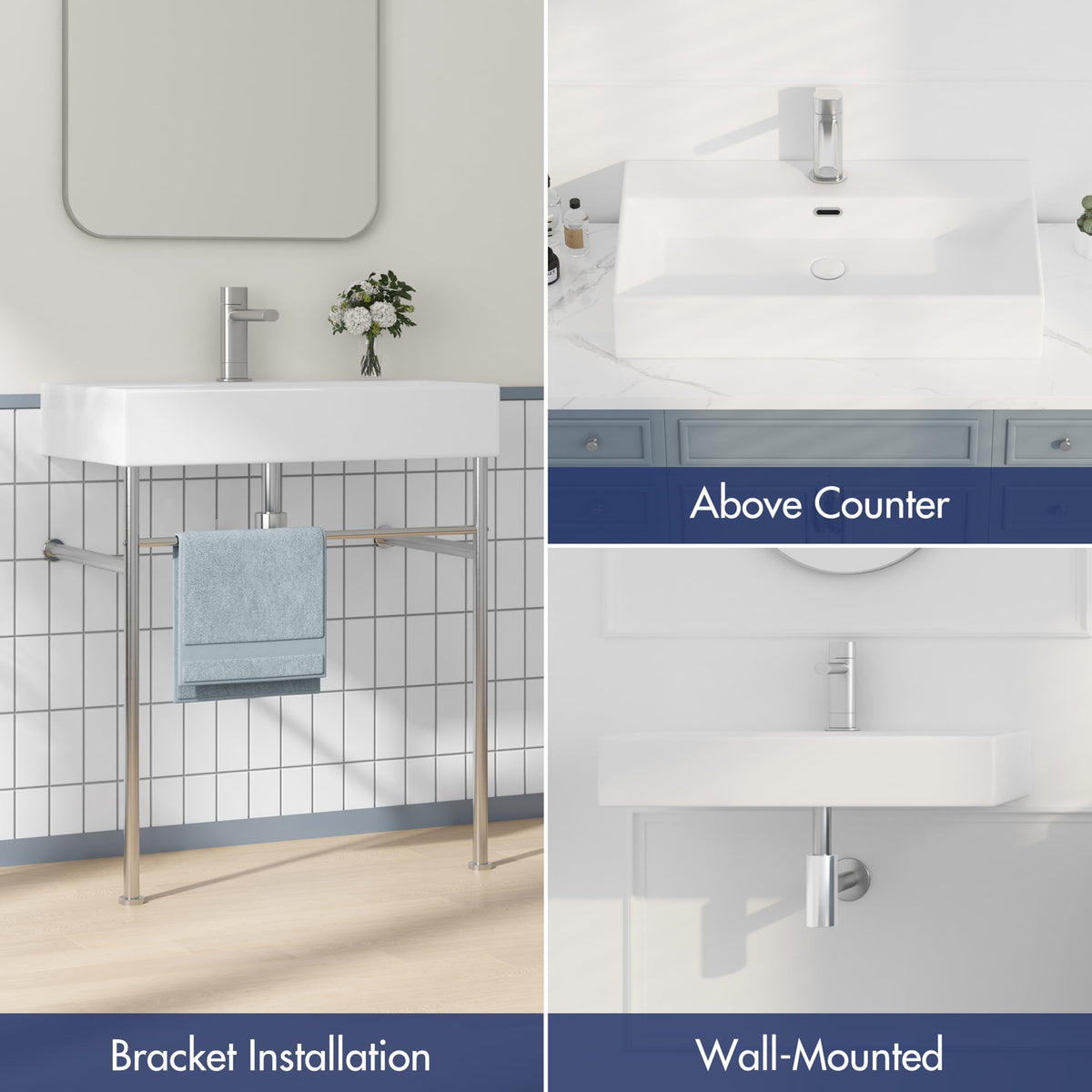 Eridanus 24"x16" Console Bathroom Sink, Free Standing 30 Inch Stainless Steel Support Pedestal Legs, Wall Mount White Vessel Ceramic Vanity Basin, Modern Rectangular Sinks Porcelain, Matte Black