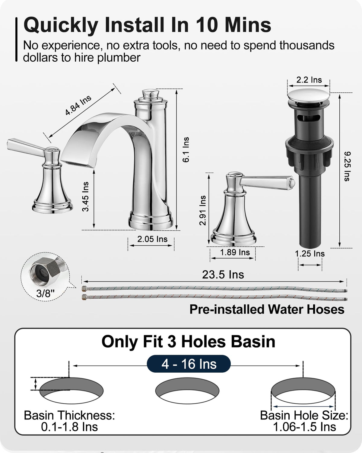 Waterfall Bathroom Faucet 3 Hole, 4-16 Inch Oil Rubbed Bronze Bathroom Faucet, Brass Bathroom Sink Faucet, 2 Handle Bathroom Faucets, Bathroom Vanity Faucet with Pop-Up Drain, Water Hoses