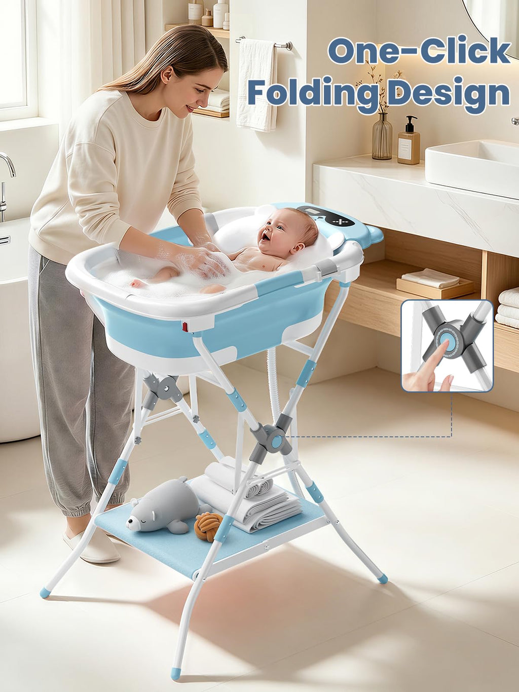 Baby Bathtub with Stand, Foldable Metal Standing Baby Bath Tub, 3-in-1 Anti-Slip Collapsible Tub with Cushion Storage Pad, Elevated Design for Newborn Toddler, Gray