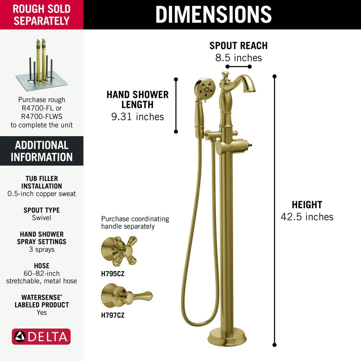 Delta Freestanding Tub Faucet with Hand Held Shower, Polished Nickel Floor Mount Tub Filler, Polished Nickel T4797-PNFL-LHP (Valve and Handle Not Included)