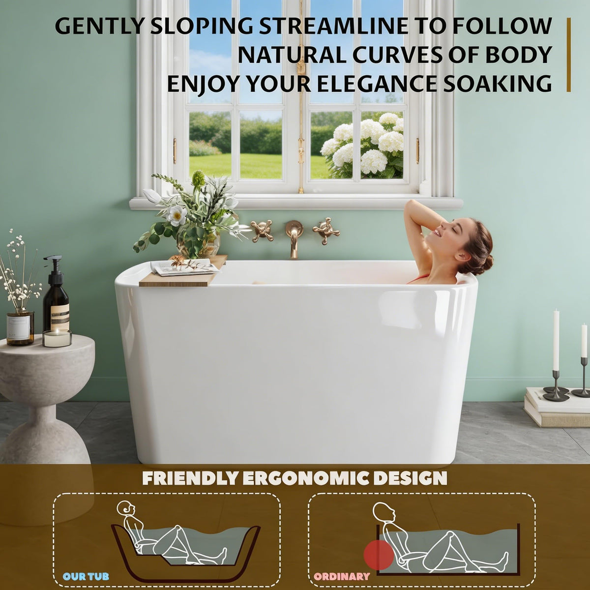 59" Acrylic Freestanding Bathtub, Contemporary Stand Alone Soaking Tub with Ergonomic Design, Integrated Overflow and Chrome Drain, cUPC Certified Free Standing Tub for Bathroom Renovation, Home Spa