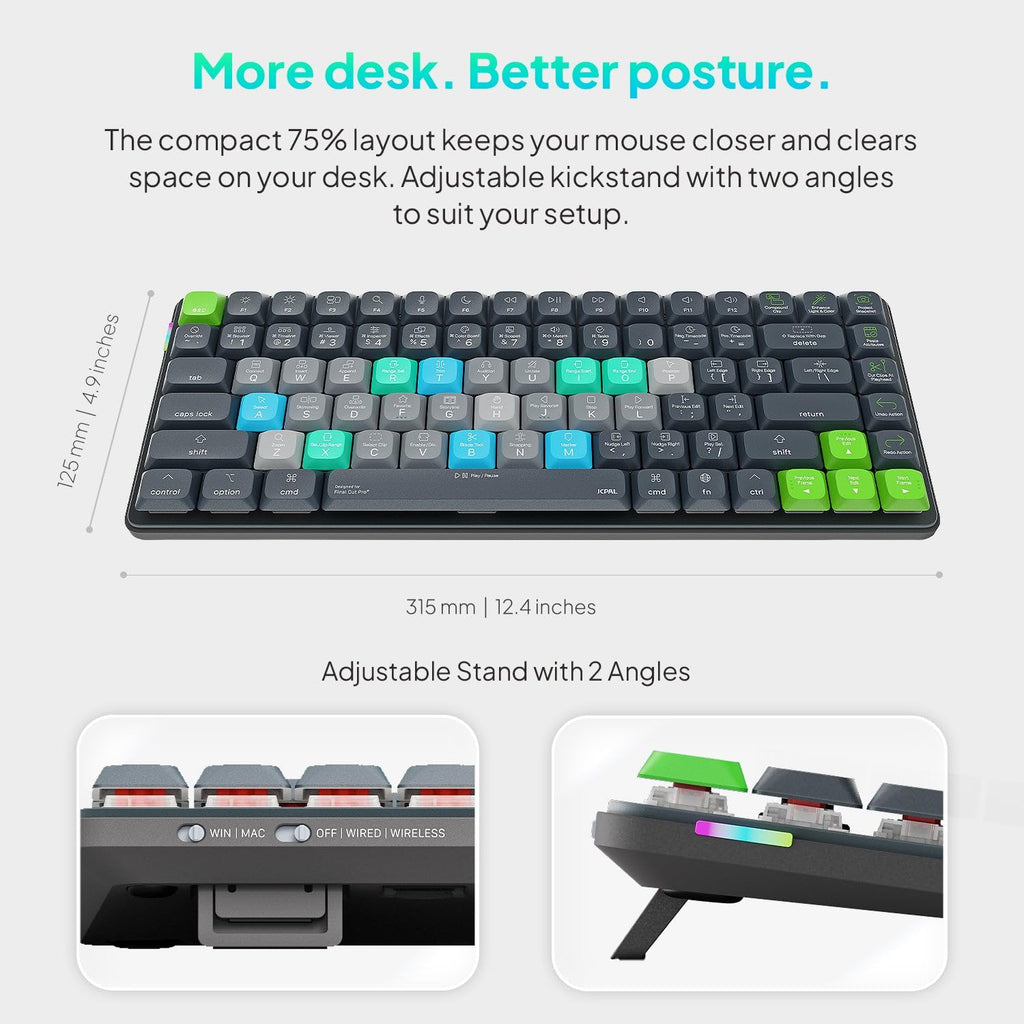 JCPAL Dash Adobe Premiere Pro Wireless Shortcut Keyboard for Mac/PC