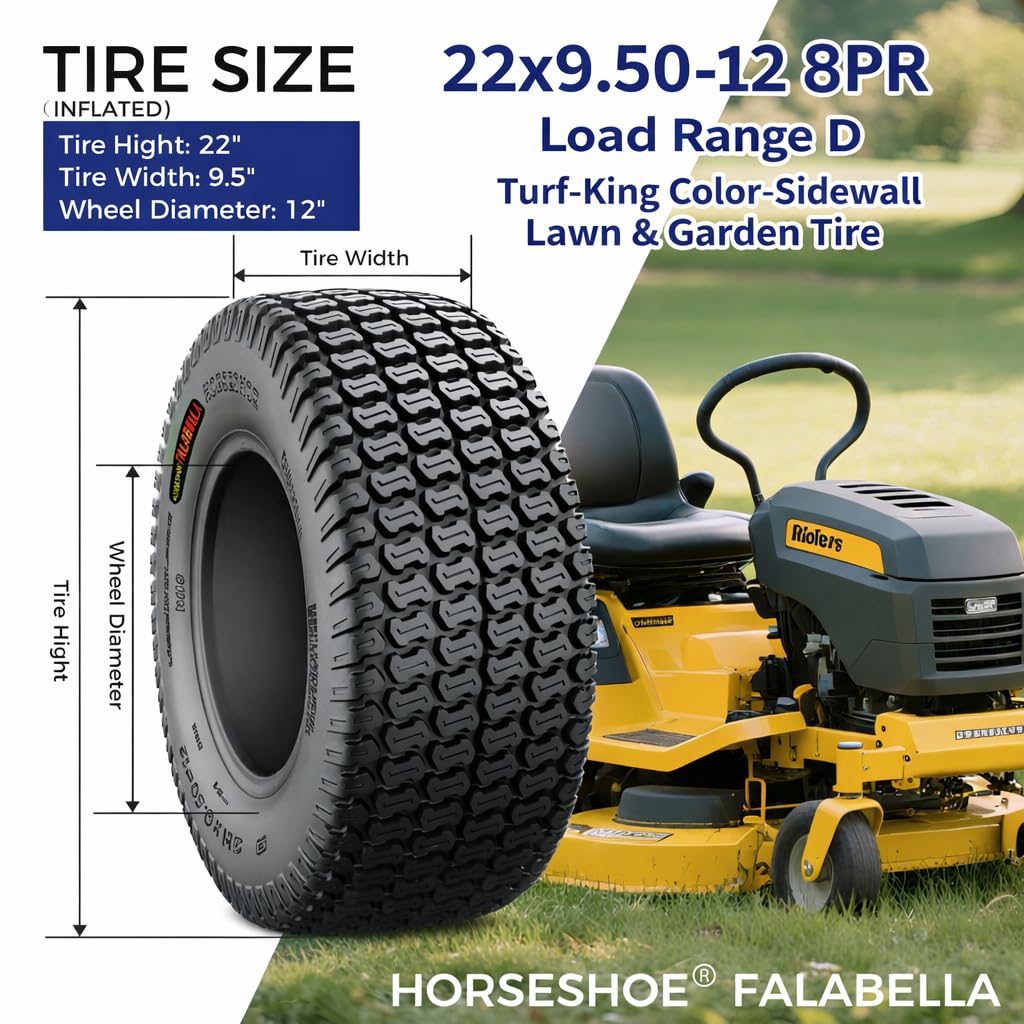 HORSESHOE FALABELLA (2-Pcs) 24X9.50-12 6-PLY LRC Lawn Mower 24x9.5x12 Riding Machine Golf Carts 24x9.5-12 Turf Equipment & Tractors Tires, Heavy Duty Turf-King, Color Sidewall