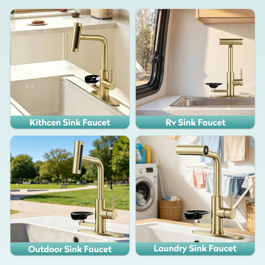 MIAOHUI Brushed Gold Kitchen Faucet with Glass Rinser, 4 Modes