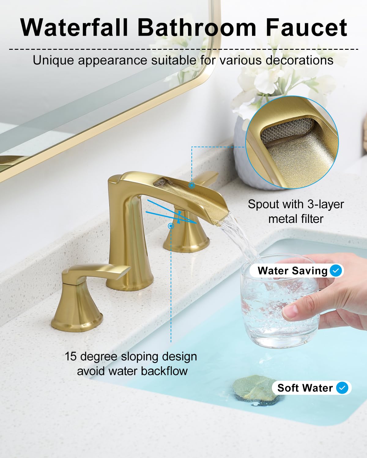 Fapully Brushed Nickel Bathroom Faucet 3 Hole, Waterfall 8 Inch Widespread Bathroom Sink Faucet with Pop-up Drain, Two-Handle Faucet for Bathroom Sink