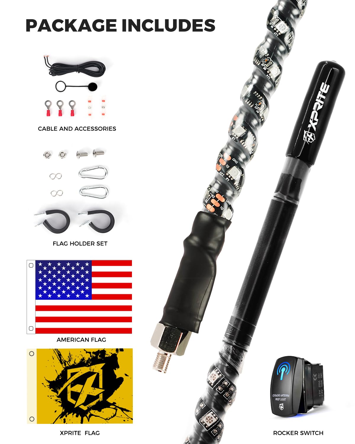 Xprite 4FT LED CB Radio Antenna with Amber Whip Lights & Rocker Switch