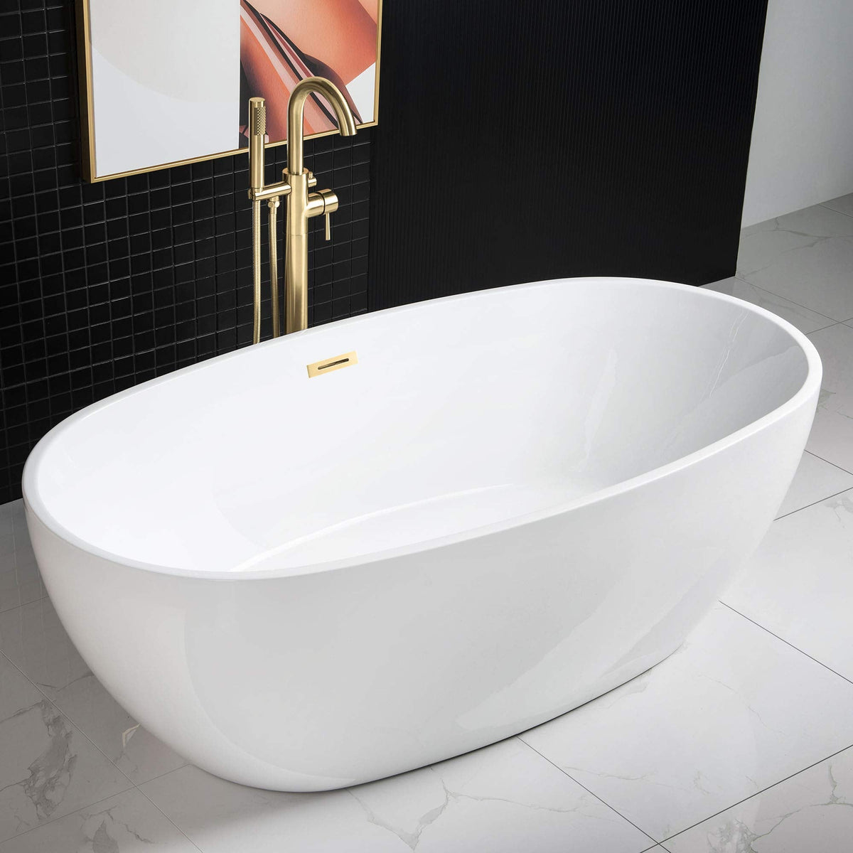 WOODBRIDGE 59"Freestanding White Acylic Soaking Bathtub with Brushed Nickel Drain and Overflow,BTA1518 -B/N-Drain &O