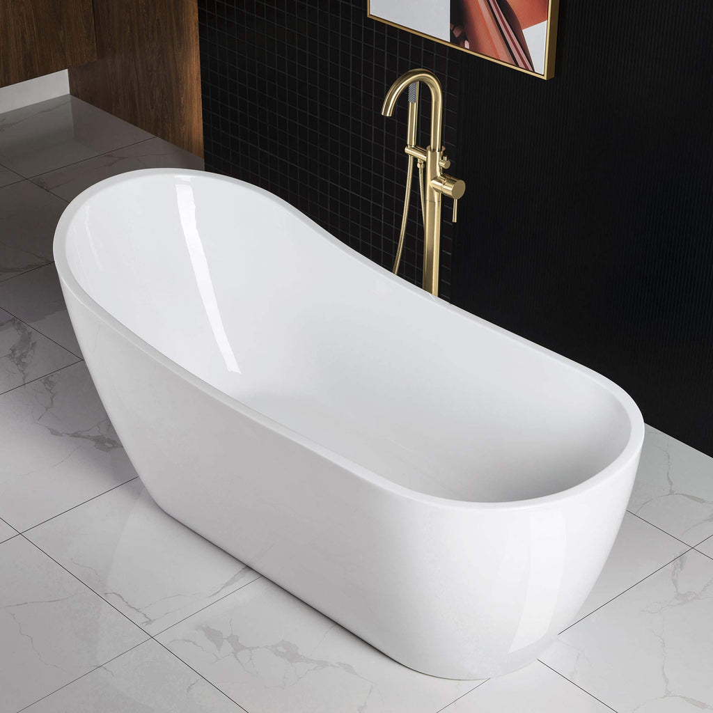 WOODBRIDGE 54"Freestanding White Acylic Soaking Bathtub with Brushed Nickel Drain and Overflow,BTA1507 -B/N-Drain &O