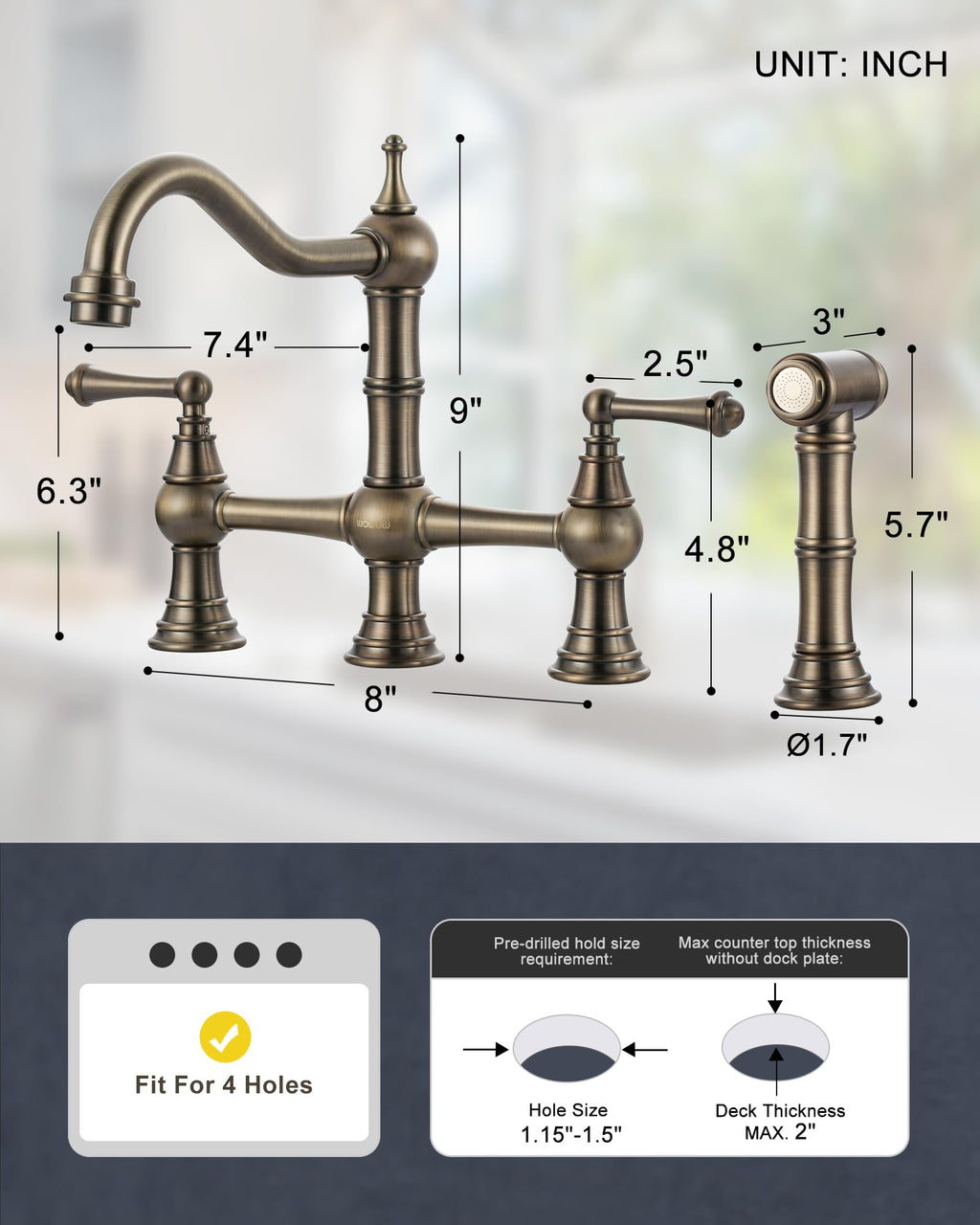 WOWOW Brass Bridge Kitchen Faucet 4 Hole with Side Sprayer, Brushed Gold