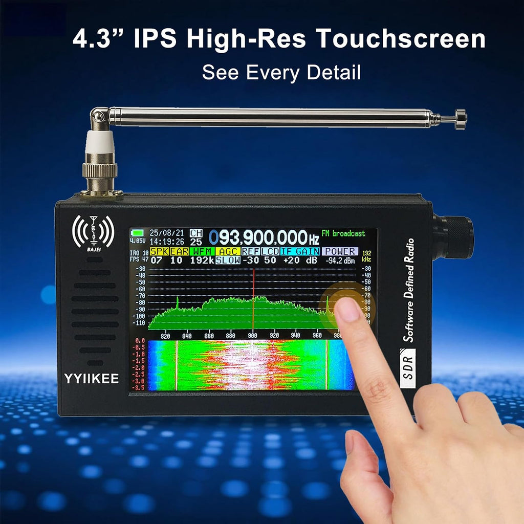 Portable SDR DSP Radio Receiver â 4.3â Touchscreen, 100KHz-149MHz, Full Band Shortwave, FM MW SSB CW HAM, 192kHz Spectrum, Waterfall Display, CNC Aluminum Alloy Case, Rechargeable Battery