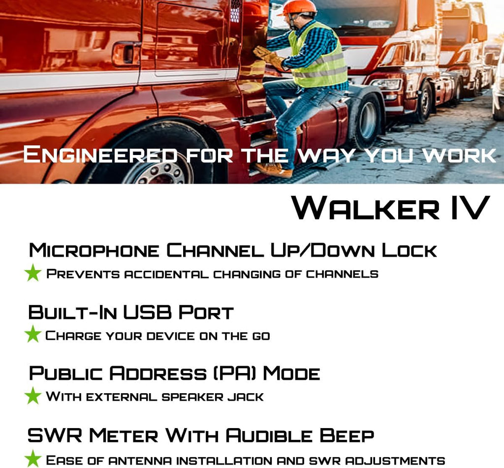 President Walker IV FCC AM/FM Trucker CB Radio with Automatic SWR/SWR Protection, 7-Color LCD with Glow Mode, Automatic Squelch, Noise Reduction, Weather/Alert, VOX Hands-free, USB-C Port, P-channels.
