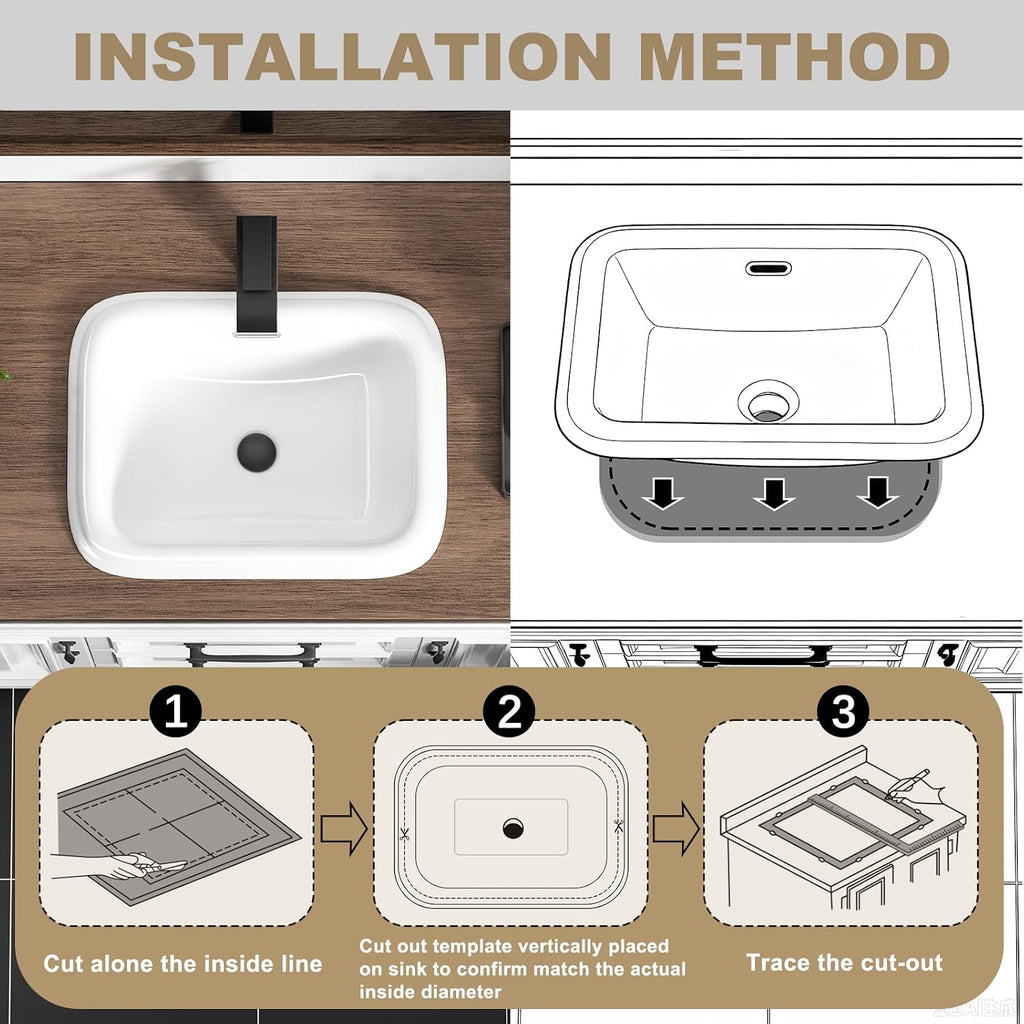 19 Inch Drop In Bathroom Vessel Sink with Overflow Rectangle White